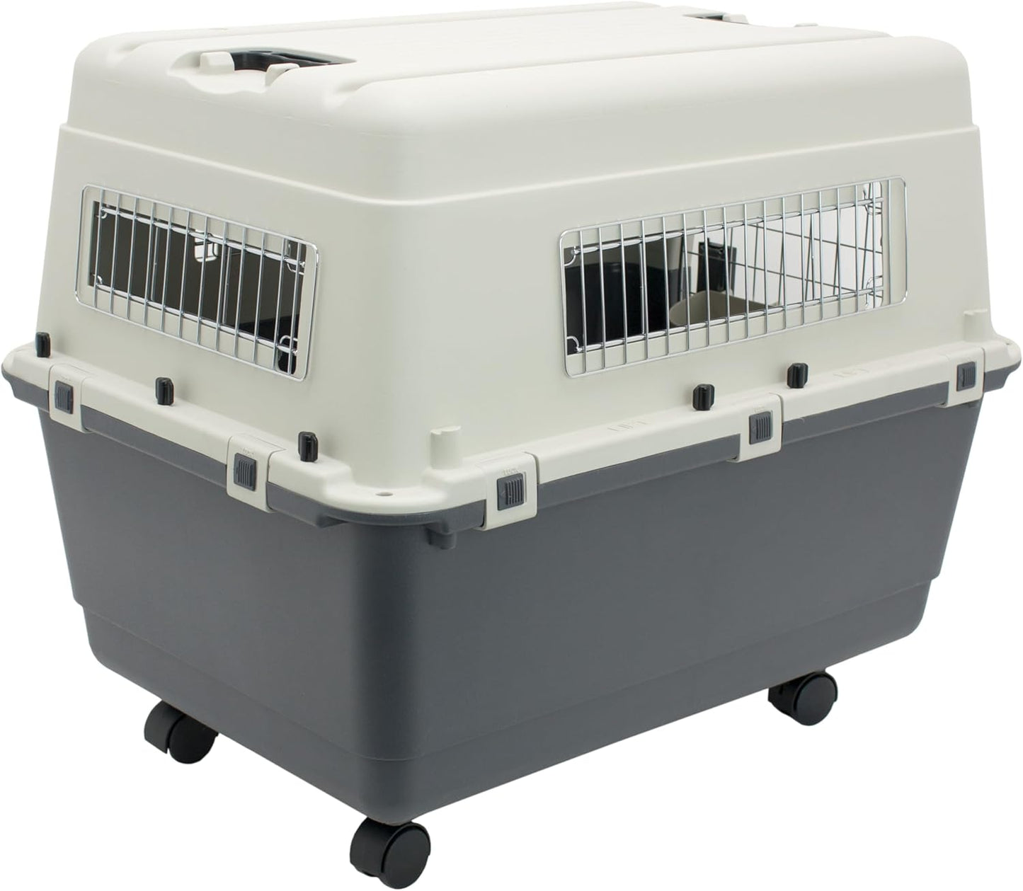 Sportpet Airline Compliant Large 31.5" Travel Dog Kennel - Durable Plastic Carrier with Removable Wheels and Food Bowls, Collapsible for Indoor/Outdoor Use, Suitable for Dogs up to 28"L and 20"H - Cream/Gray