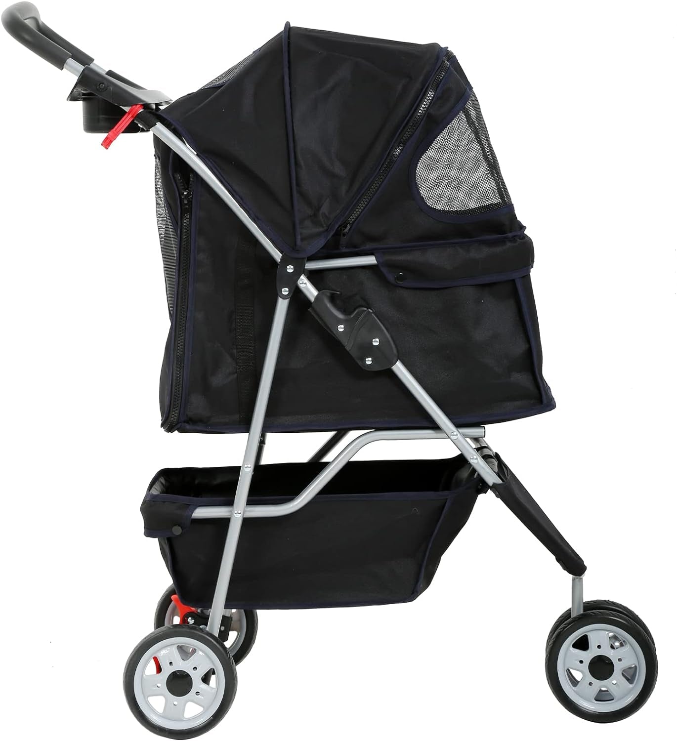 Lightweight 3-Wheel Pet Stroller for Small to Medium Dogs and Cats, Foldable Design with Breathable Mesh, Weather Cover, and Storage Basket for Outdoor Travel (Black)