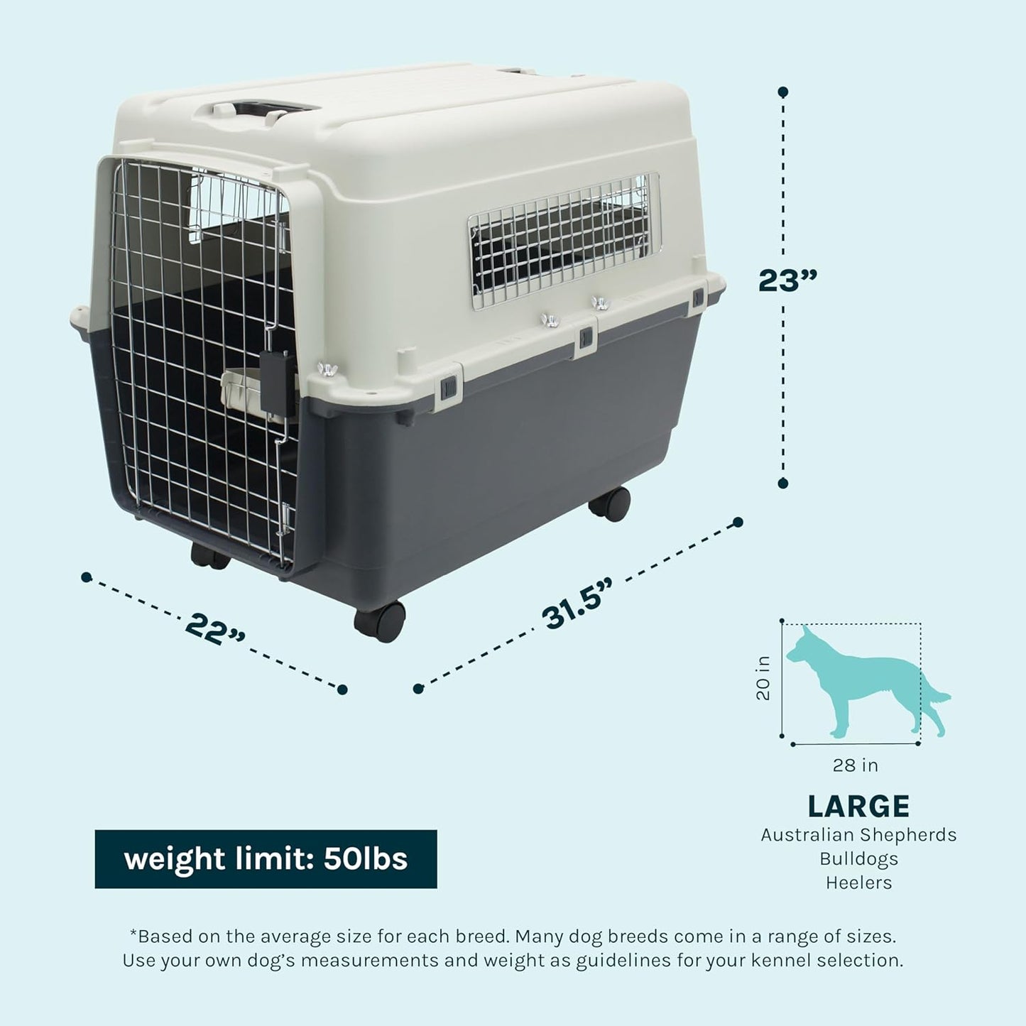 Sportpet Airline Compliant Large 31.5" Travel Dog Kennel - Durable Plastic Carrier with Removable Wheels and Food Bowls, Collapsible for Indoor/Outdoor Use, Suitable for Dogs up to 28"L and 20"H - Cream/Gray
