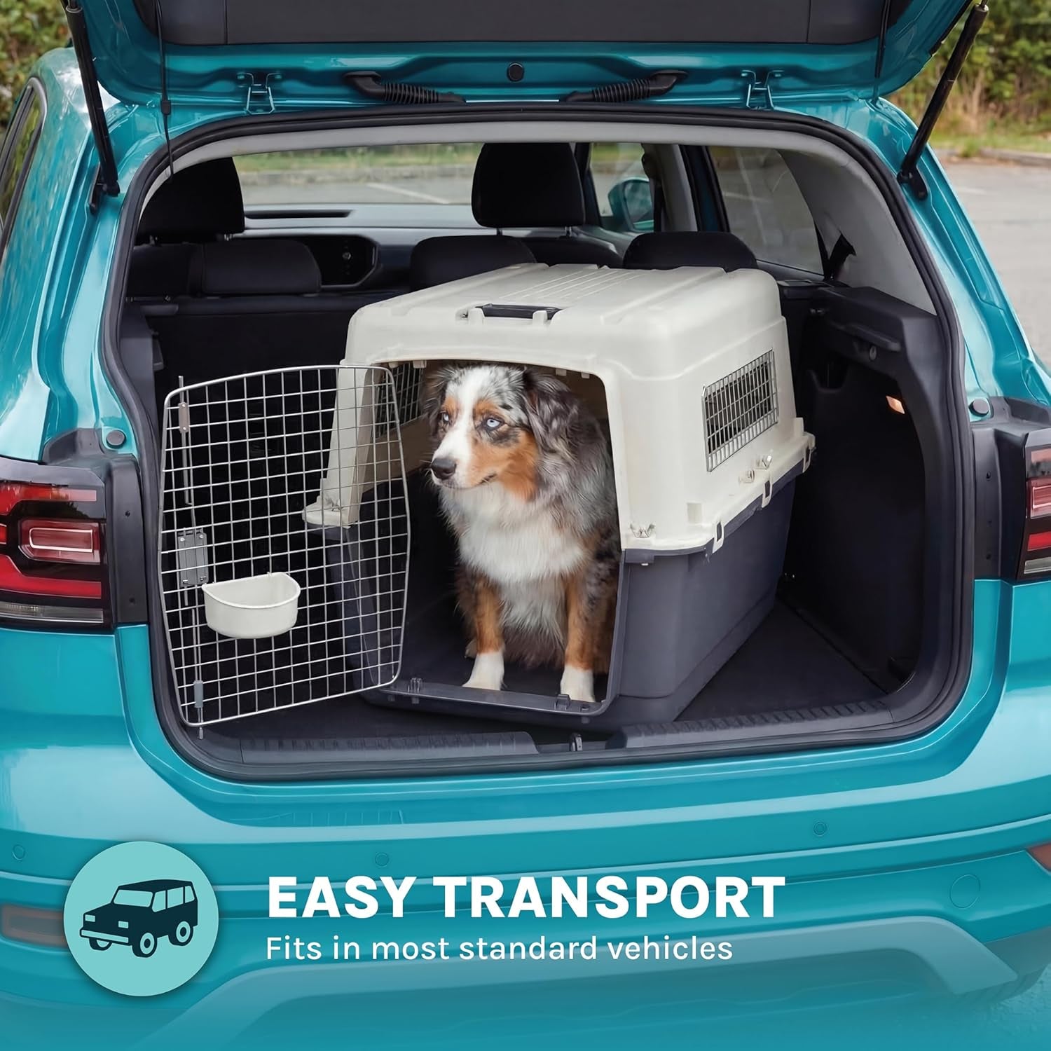 Sportpet Airline Compliant Large 31.5" Travel Dog Kennel - Durable Plastic Carrier with Removable Wheels and Food Bowls, Collapsible for Indoor/Outdoor Use, Suitable for Dogs up to 28"L and 20"H - Cream/Gray