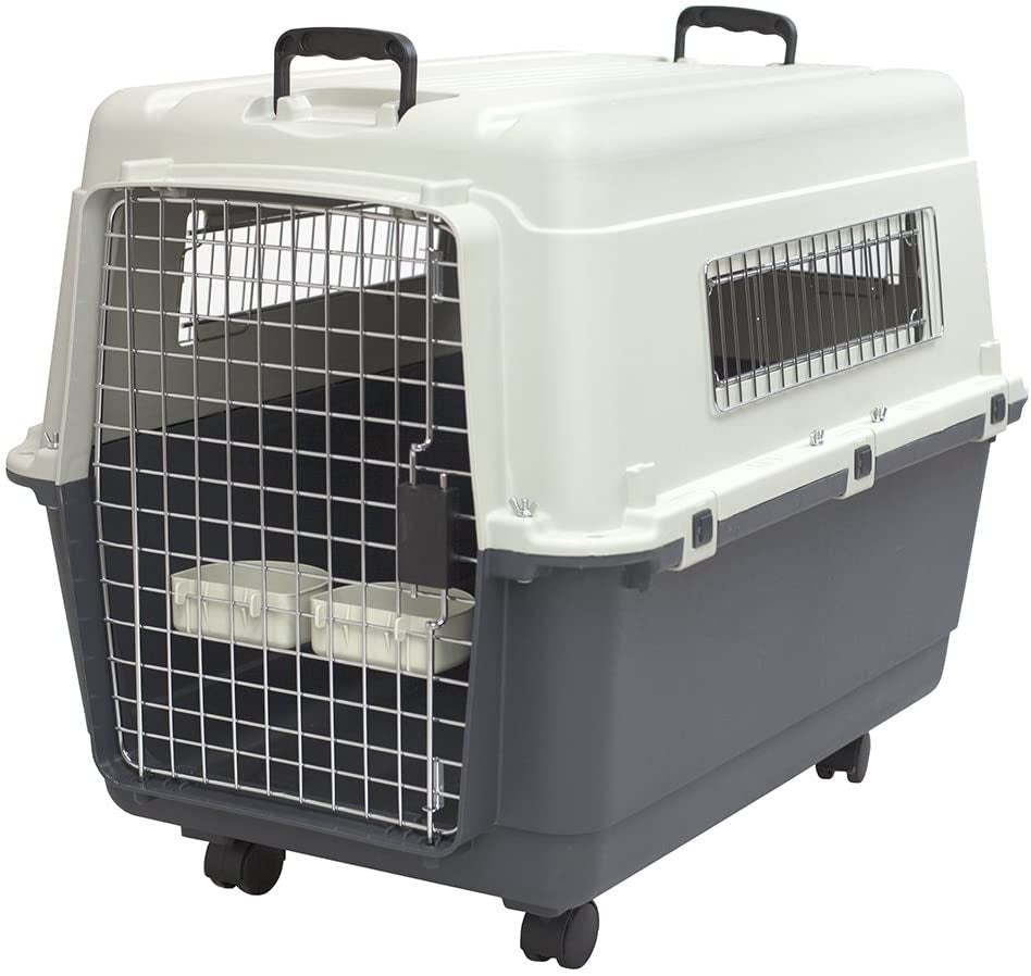 Sportpet Airline Compliant Large 31.5" Travel Dog Kennel - Durable Plastic Carrier with Removable Wheels and Food Bowls, Collapsible for Indoor/Outdoor Use, Suitable for Dogs up to 28"L and 20"H - Cream/Gray