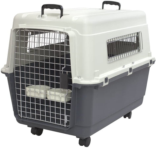 Sportpet Airline Compliant Large 31.5" Travel Dog Kennel - Durable Plastic Carrier with Removable Wheels and Food Bowls, Collapsible for Indoor/Outdoor Use, Suitable for Dogs up to 28"L and 20"H - Cream/Gray