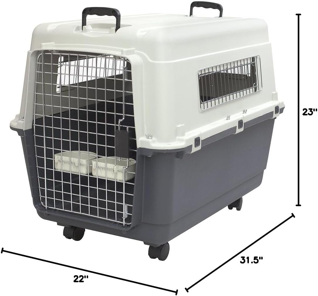 Sportpet Airline Compliant Large 31.5" Travel Dog Kennel - Durable Plastic Carrier with Removable Wheels and Food Bowls, Collapsible for Indoor/Outdoor Use, Suitable for Dogs up to 28"L and 20"H - Cream/Gray