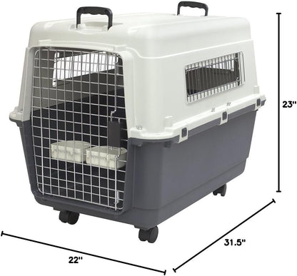 Sportpet Airline Compliant Large 31.5" Travel Dog Kennel - Durable Plastic Carrier with Removable Wheels and Food Bowls, Collapsible for Indoor/Outdoor Use, Suitable for Dogs up to 28"L and 20"H - Cream/Gray