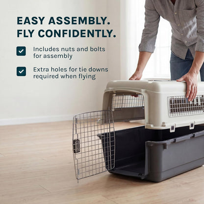 Sportpet Airline Compliant Large 31.5" Travel Dog Kennel - Durable Plastic Carrier with Removable Wheels and Food Bowls, Collapsible for Indoor/Outdoor Use, Suitable for Dogs up to 28"L and 20"H - Cream/Gray