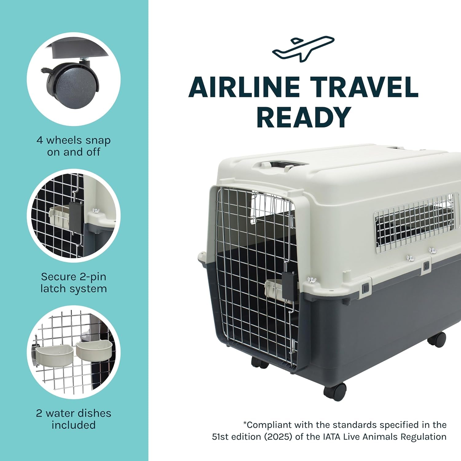 Sportpet Airline Compliant Large 31.5" Travel Dog Kennel - Durable Plastic Carrier with Removable Wheels and Food Bowls, Collapsible for Indoor/Outdoor Use, Suitable for Dogs up to 28"L and 20"H - Cream/Gray