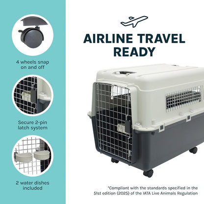 Sportpet Airline Compliant Large 31.5" Travel Dog Kennel - Durable Plastic Carrier with Removable Wheels and Food Bowls, Collapsible for Indoor/Outdoor Use, Suitable for Dogs up to 28"L and 20"H - Cream/Gray