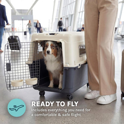 Sportpet Airline Compliant Large 31.5" Travel Dog Kennel - Durable Plastic Carrier with Removable Wheels and Food Bowls, Collapsible for Indoor/Outdoor Use, Suitable for Dogs up to 28"L and 20"H - Cream/Gray