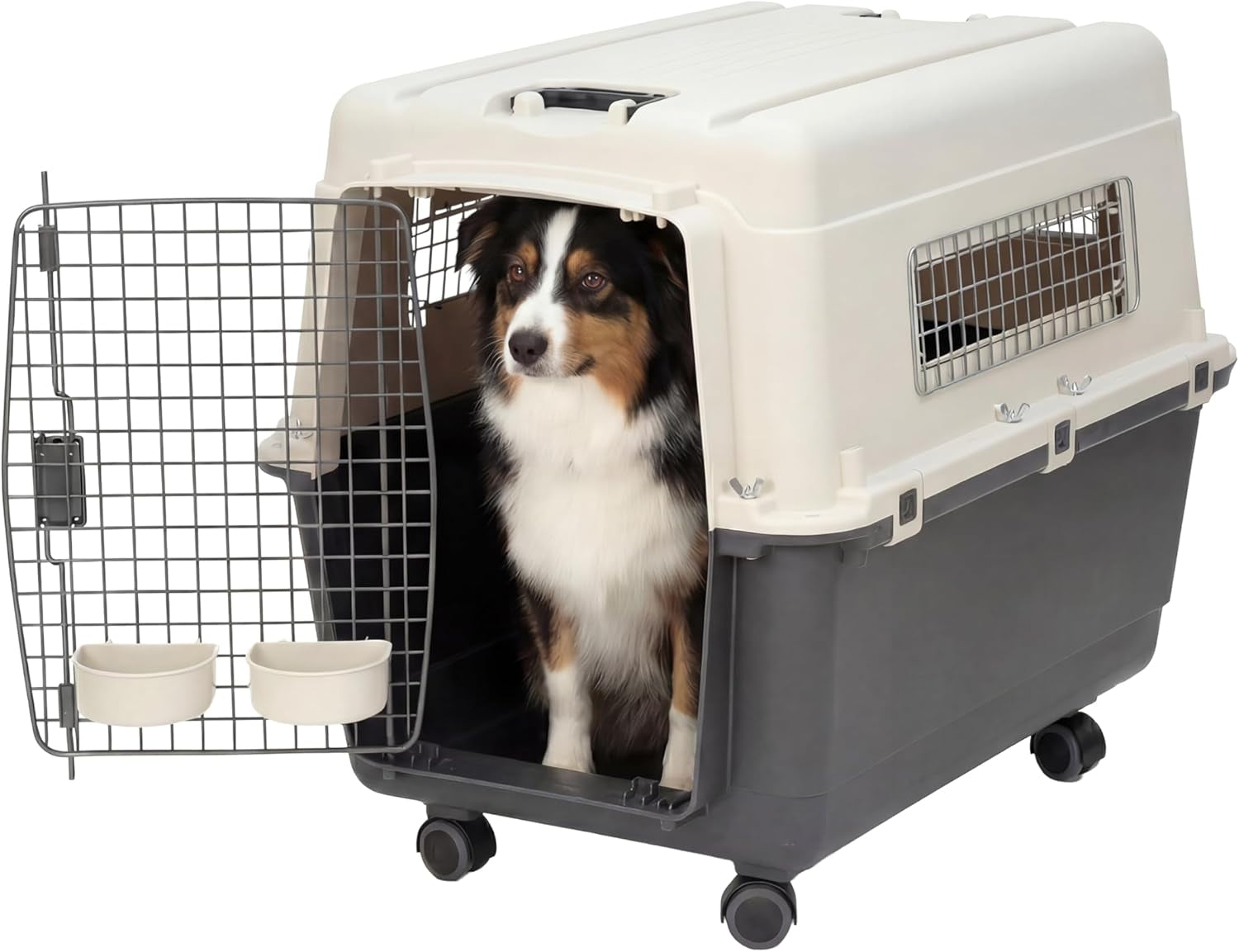 Sportpet Airline Compliant Large 31.5" Travel Dog Kennel - Durable Plastic Carrier with Removable Wheels and Food Bowls, Collapsible for Indoor/Outdoor Use, Suitable for Dogs up to 28"L and 20"H - Cream/Gray